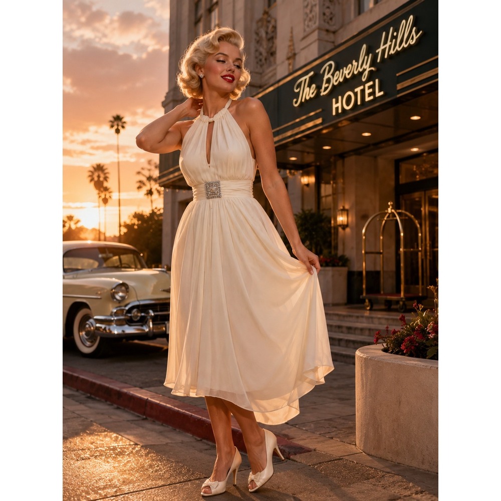 Speechless White Halter Midi Dress Old Hollywood Glam‎ Rhinestone Buckle V-Neck